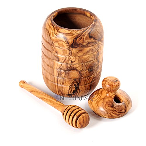 Sale! Olive Wood Large Honey Jar Set Including Honey Dipper, Handmade Wooden Honey Pot