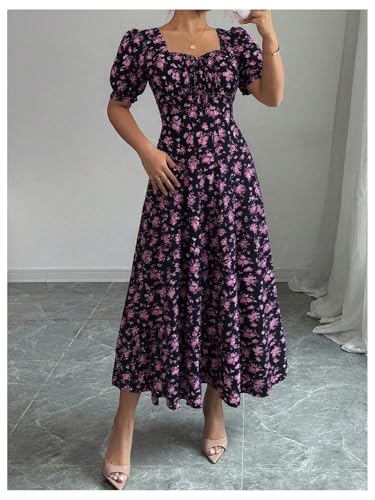 Image of Floerns Women's Floral Short Puff Sleeve Milkmaid Dress Boho A Line Long Dresses