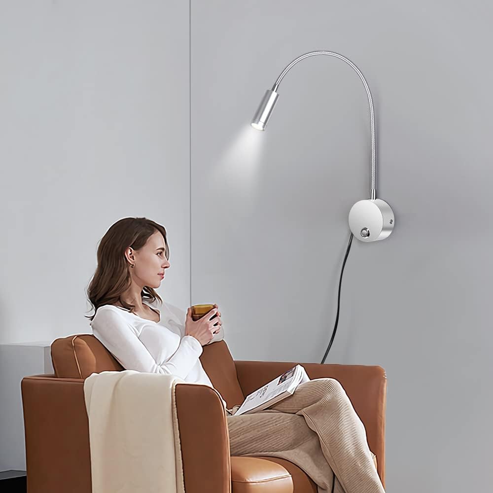 ERWEY Lampada da lettura da parete, lampada da comodino a LED da parete con interruttore touch, dimmerabile e presa di ricarica USB, collo d'oca girevole a 360° con spina e cavo, 3000-6000K, argento