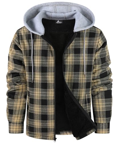 ZITY Men's Full Zip Fleece Flannel Jackets Sherpa Lined Plaid Shirts Hoodie Thick Warm Coat