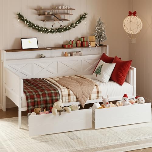 IRONCK Twin Size Daybed with Storage Drawers, Sturdy Metal Bed Frame with X-Shaped Headboard and Charging Station, Upholstered Farmhouse Daybed for Living Room, Bedroom, and Guest Room, White/Walnut