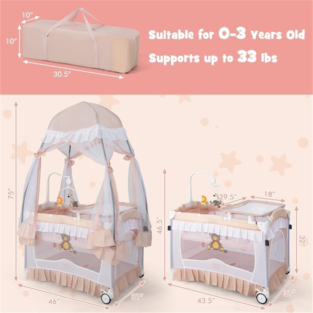 Pemberly Row Portable Baby Crib, Pink 4-in-1 Playard, Canopy Bed, Bassinet, Diaper Changing Table, Playpen with Zippered Door, Breathable Mesh, Foldable Design with Carry Bag for Nursery or Travel Use