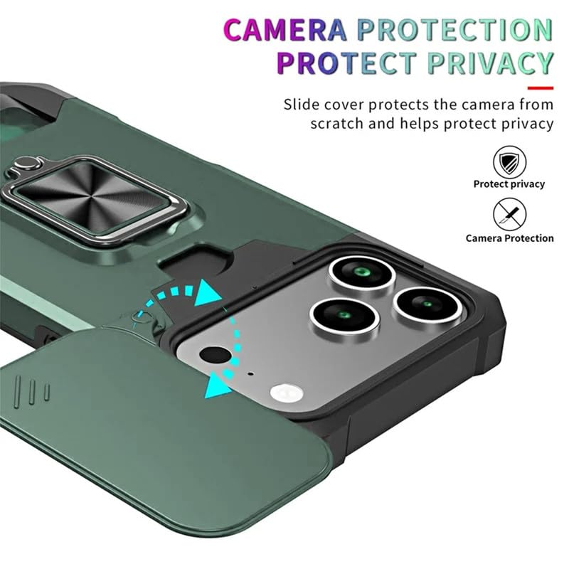 Image of LuxuryKase Shockproof Armor Case for iPhone 17 Pro | Slide Camera Cover | Hidden Card Slot | Rotating Ring Kickstand | Magnetic Car Mount Support | Military Grade Protection - Green