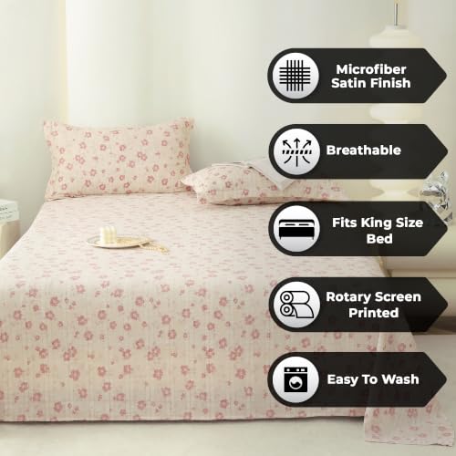 Image of Story@Home King Size Bedsheet | Cloud Cotton Flatsheet King Size with Two Pillow Covers| Super Soft Bed Sheet for King Size Bed | Floral Design (270 x 250 cm, Pastel Pink)
