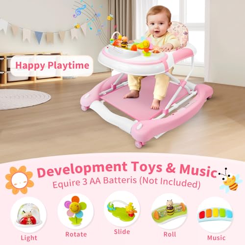 Image of 5 in 1 Baby Walker, Music and Lights Walker for Baby Boy Girls 6-12 Months, Foldable Baby Walkers with Wheels and Bouncer Combo Portable, Toddler Infant Walker with Adjustable Height