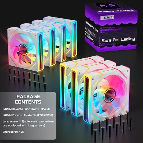Image of 7PCS ARGB Fan- 4 Forward Fans +3 Reverse Fans，28 LED,120mm 4pin PWM Silent Computer Case Cooler Fan,Up to 1,500RPM PC Cooling,White