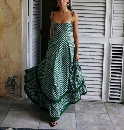 Image of Women Spaghetti Strap Flowy Long Dress Boho Floral Square Neck Maxi Dress Summer A-Line Dresses for Beach Vacation
