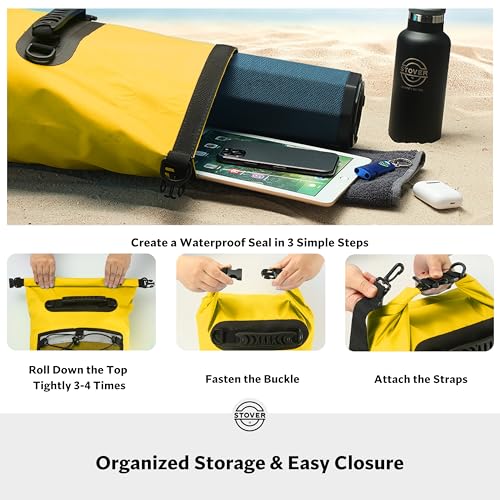 Image of STOVER 5 /10 /25 /30 /40L Waterproof Dry Backpack & Phone Case- Large Floating Dry Bag for Kayaking, Travel, Hiking, Fishing, Camping, Motorcycles & Beach, Heavy-Duty Roll Top Men /Women (Yellow)