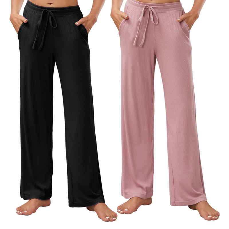 HEARTNICE 2 Pack Women's Pajamas Pants with Pockets Wide Leg Lounge Casual Loose Comfy Stretch Rib Yoga Sweatpants