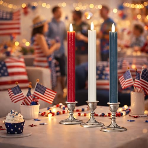 Image of JOIONE Patriotic Flameless Taper Candles with Remote, 3 Pack Red White Blue | Battery Operated, Red White Blue, Real Wax, Remote Control, Warm Flickering Glow, 4th of July Independence Day Party Decor