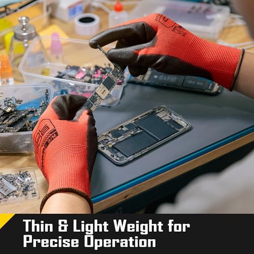 Image of COOLJOB 60 Pairs Safety Work Gloves Pack Bulk with Grip PU Coating, 13 Gauge Seamless Knit Gloves with Polyurethane Dipped for Warehouse Working, Breathable Lightweight for Men Women, Red Xlarge