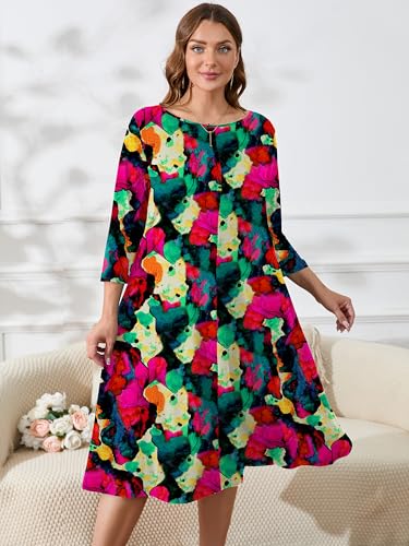 Image of AusLook Women's Plus Midi Dresses Crew Neck A Line 3 /4 Sleeves Casual Elegant Loose Wedding Vacation Dress with Pockets
