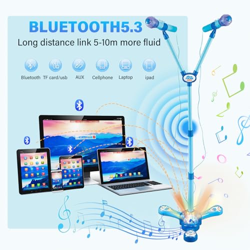 Microphone et support enfants double bleu pour chanter en duo - 5
