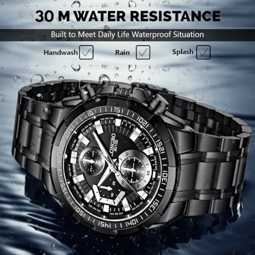 Image of LONGBO Black Business Casual Stainless Steel Decorative Subdials Big Blue Dial Scratch Resistant Waterproof Analog Watch for Men and Boys