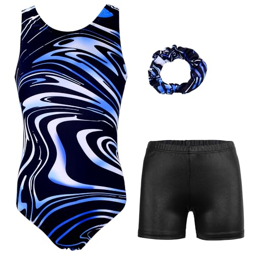 Image of MODAFANS Leotards for Girls Gymnastics with Shorts Dance unitards Tumbling Biketards with Hair Scrunchie for3-13T