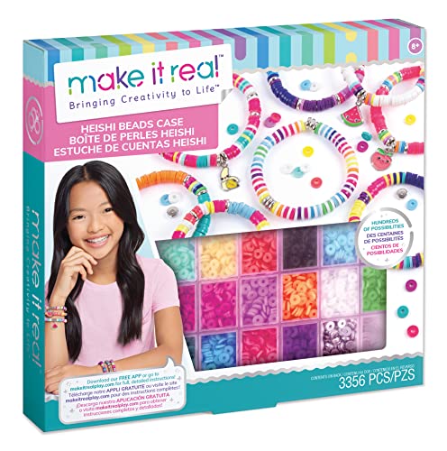 Make It Real Heishi Bead Kit|Create 100+ Unique Charm Bracelets|3200 heishi beads,150 silver beads, 3 charms, 1 elastic cord||DIY Playful Charm & Jewelry Kit|Arts & Crafts, Girls Ages 8+|Made In India