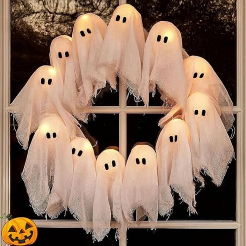 Halloween Ghost Wreath Lighted Hanging Door Decor for Front Porch