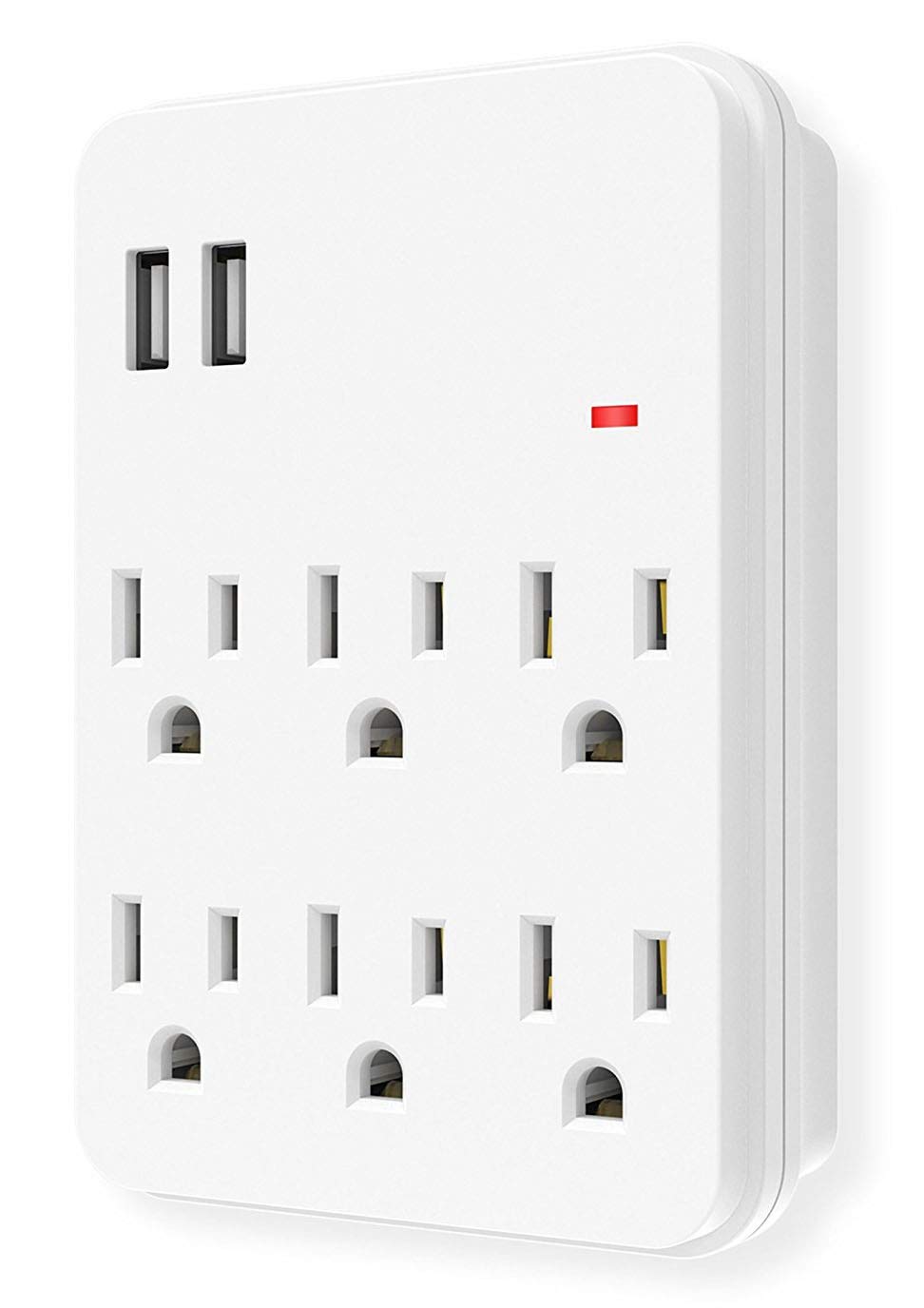 Dual Function 6 Outlets Surge Protected Current Wall Tap with 2 USB Charging Ports 2.1A 120V AC