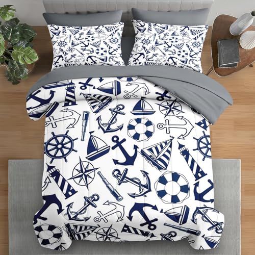 Pamnest Comforter Set Full Size, Nautical Anchors Navy Blue 7 Pcs Bedding for Kids and Adults, Retro...