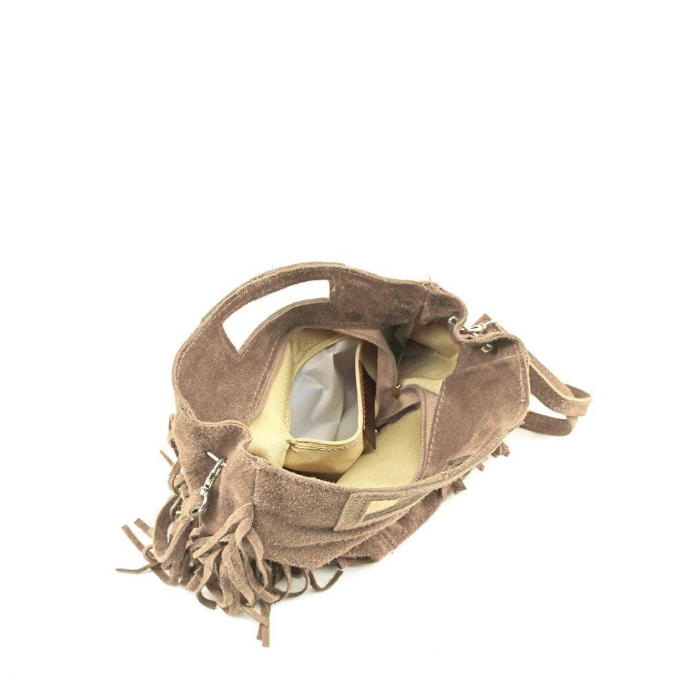 MODELISA - Bolso Bandolera De Mano Con Correa Al Hombro Con Flecos Piel Made In Italy Mujer