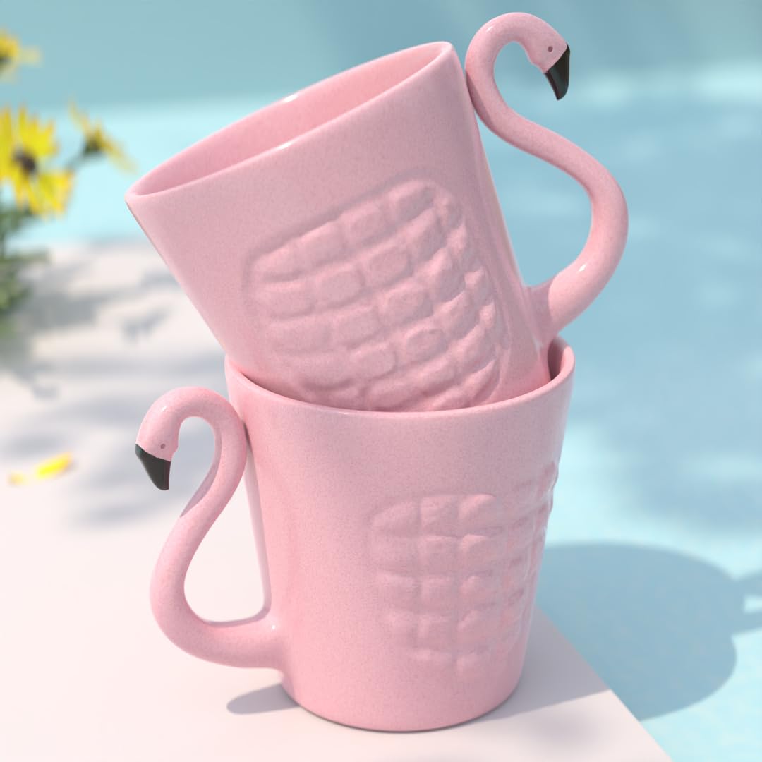 The Earth Store Pink Flamingo Ceramic Coffee Mug Set 320ml, Microwave & Dishwsher Safe Tea/Milk Mug, Ideal for Home, Office, Gifting and Daily Use Set of 2