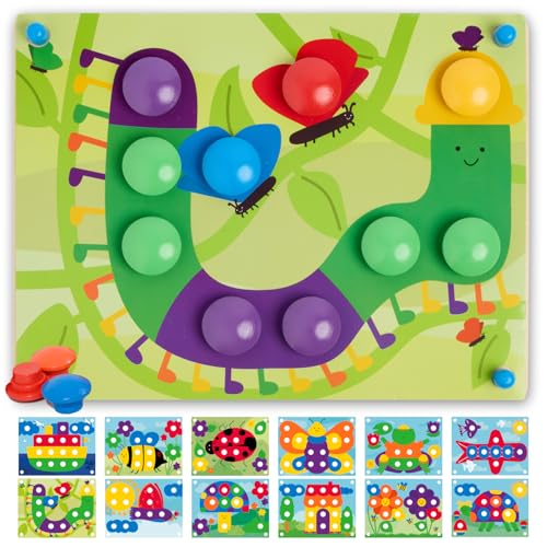 Nene Toys Puzzle de madeira para crianças 2+ Anos – Brinquedo Montessori com botões de cores e cartões, mosaico educativo infantil para mobilidade fina, presente para menino e menina 2 3 anos - jogo