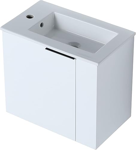 Miniatura 3 de Pvillez Juego de tocador de baño flotante de 22 pulgadas con lavabo, moderno tocador de baño montado en la pared con lavabo de cerámica y puerta de