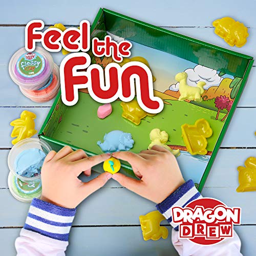 Dragon Drew Kinetic Modeling Clay Sand - 17 Piece Flossy Play Dough Set – 10 Jurassic Dinosaur Plastic Molds - 6 Colors - Reusable, Moldable, Stretchy, Non Sticky, Non Drying, Silky Smooth