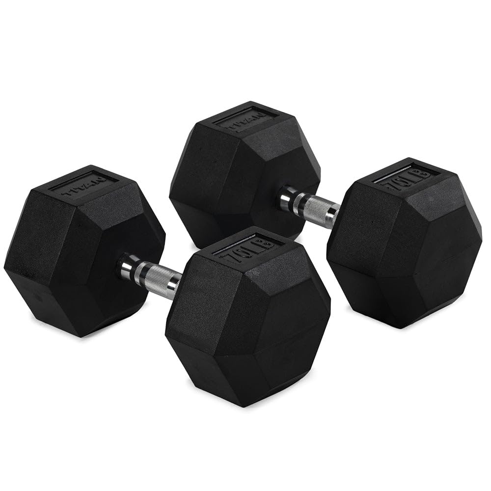 Titan Fitness Pair Rubber Coated Hex Dumbbells, Roll-Resistant Hexagonal Free Weights, Chrome-Coated Handles with Knurling, Strength Training