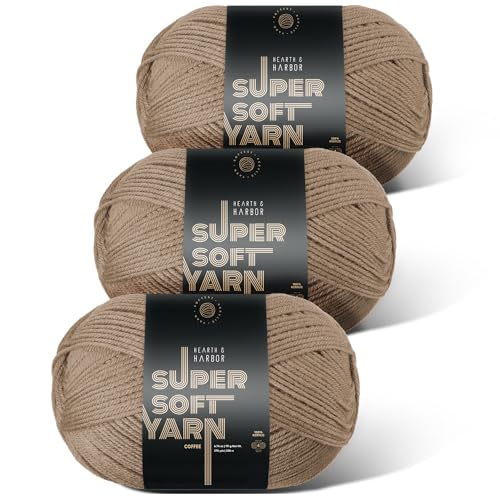 Image of Acrylic Yarn for Crocheting & Knitting - Soft Crochet Yarn for Crocheting, 3 Pack of 370 Yards, Perfect for Crafts & Amigurumi, Medium Worsted Weight 4, Coffee