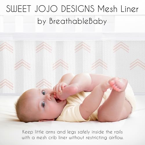 Image of Sweet Jojo Designs + BreathableBaby Boho Bohemian Girl Breathable Mesh Crib Liner Baby and Infant - Blush Pink and White Farmhouse Shabby Chic Designer Modern Minimalist Geometric Arrows