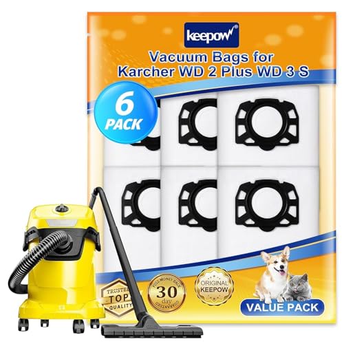KEEPOW 6 Pack KFI 357 Vacuum Bags for Kärcher WD 2 Plus WD 3 WD 3 Battery Fleece Hoover Bags for Karcher Vacuum Cleaner WD3 S KWD 1 KWD 2 KWD 3 MV 3 SE4001 SE4002