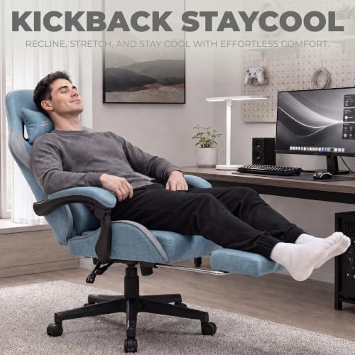 Image of Dowinx Gaming Chair Fabric with Pocket Spring Cushion, Massage Game Chair Cloth with Headrest, Ergonomic Computer Chair with Footrest 290LBS, Blue and Grey