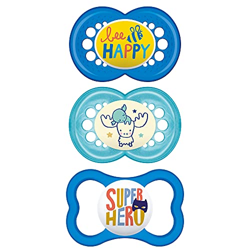 Image of MAM Variety Pack Baby Pacifier, Includes 3 Types of Pacifiers, Nipple Shape Helps Promote Healthy Oral Development, 3 Pack, 6-16 Months, Boy,3 Count (Pack of 1)