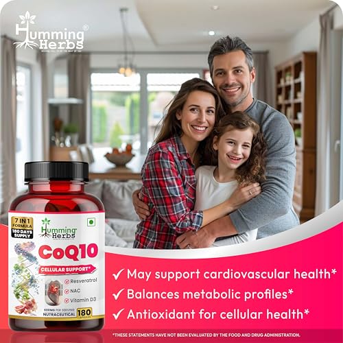 Image of Humming Herbs CoQ10 Supplement 7-in-1 with Resveratrol NAC ALA Magnesium Vitamin K2 (MK-7) & Vitamin D3 - Cellular Energy & Antioxidant Support - 180 Veg Capsules