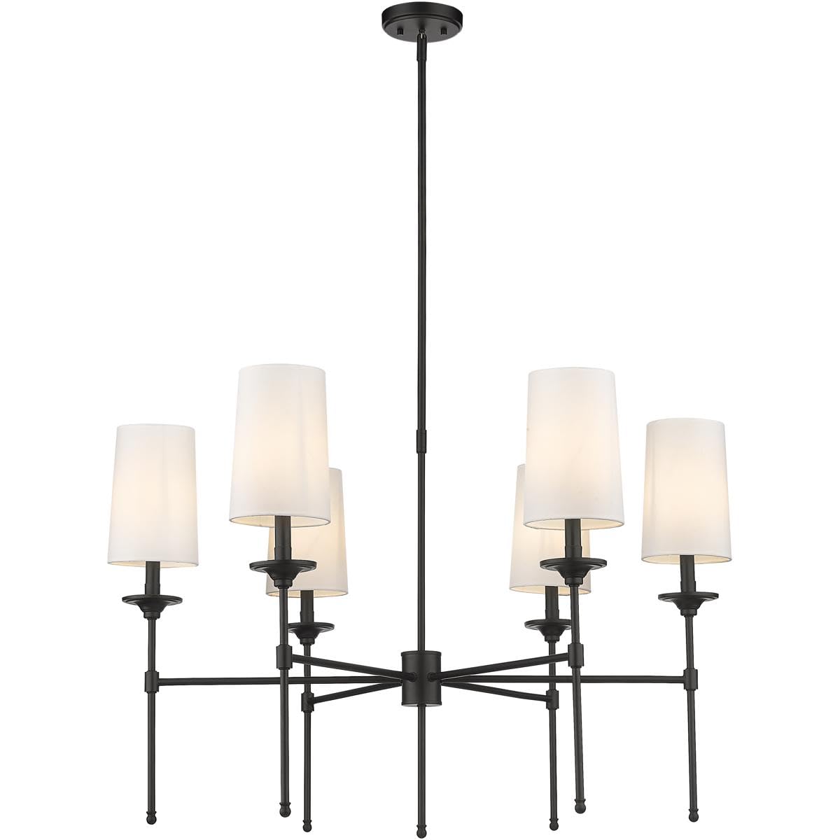 Close-up view of the Z-Lite 3033-6MB Emily Chandelier showing its matte black finish and six light arms without shades.