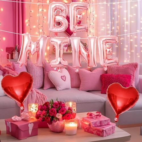 Image of Valentines Day Balloons Decoration, Rose Be Mine and Red Heart Letter Balloons Banner Valentine Balloon Banners for Sweetest Valentine's Day Romantic Be Mine Party Decorations