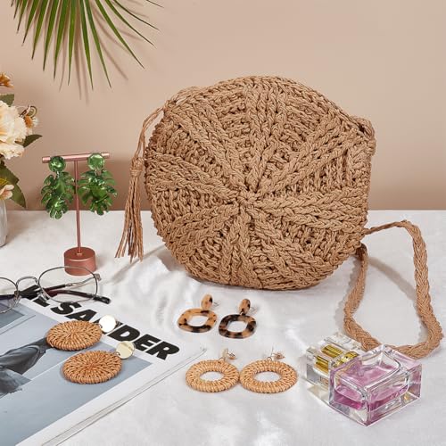 Beebeecraft 4 Pairs Rattan Earrings Set Dark Straw Shoulder Bag for Women Leopard Dangle Acrylic Earring Woven Clutch Handbag Crossbody Vacation Beach Accessories4