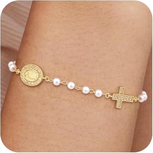 NECOCY Gold Bracelets for Women, Dainty Silver14K Gold Plated Cross Bracelet Stack Pearl Bead Knot Cross Chain Bracelet Trendy Religious Christian