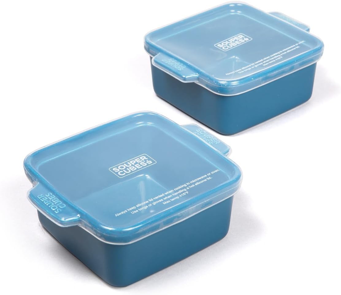 Souper Cubes Ceramic Dishes - 5" x 5" Small Oven Dishes with Silicone Lids, Premium Stoneware Perfect for Reheating Individual Portions in the Oven, Microwave, or Air Fryer, Set of 2 - Blueberry