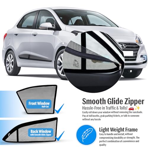 Image of Autofact Magnetic Car Sunshades Compatible with Hyundai Xcent (2014 to 2020) (Set of 4) - Easy Installation, UV Protection (Front 2 Half-Cut for Side Mirror Visibility, Rear 2 with Zippers)