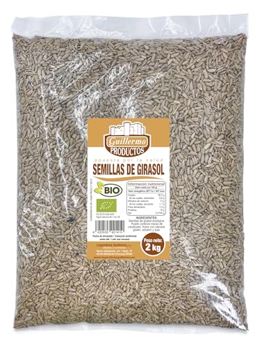 Guillermo | Pipas de girasol BIO peladas - Bolsa 2kg. | Semillas de girasol | 100% ecológicas | Alimento muy completo al ofrecer vitaminas, minerales, fibra, proteína y grasas saludables