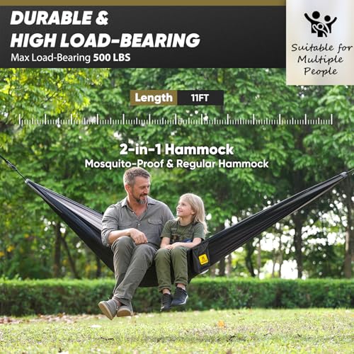 Image of Camping Hammock with Mosquito Net, 500 lbs Portable Hammock with Tree Straps, 2-in-1 Double /Single Travel Hammock Tent for Outside /Indoor /Backpacking /Beach - Black & Grey