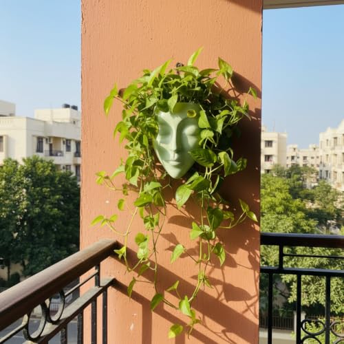 Image of Ceramic Lady Face Wall Hanging Planter (7 Inches, Green) | Abstract Face Vase for Indoor Plants | Succulent Planter for Living Room, Balcony & Office Decor | Aesthetic Home Decor Gift