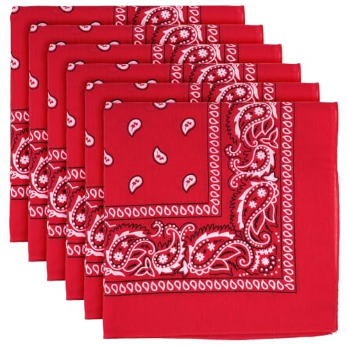 MOWPOG 6 Pack Pure Cotton Bandana Multi-Purpose Square Handkerchief Face Mask headband for Men and Women (Red)