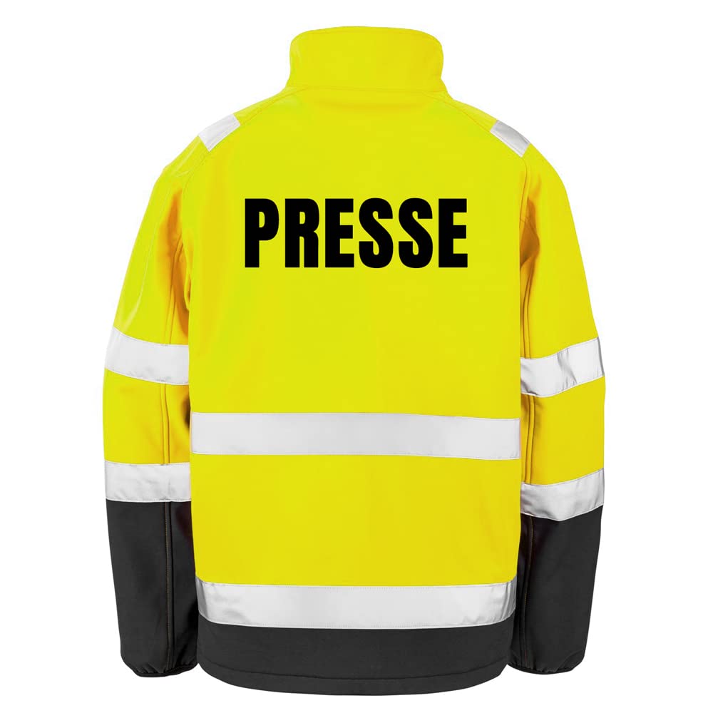 PRESSE Sicherheitsjacke GELB aus Softshell - Gelb Warnjacke nach EN ISO 20471 zertifiziert - Unisex und hochwertigem Reflektorstreifen