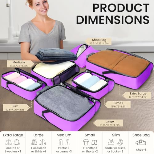 Image of BAGAIL 4 Set /6 Set /8 Set Compression Packing Cubes Travel Accessories Expandable Packing Organizers(Purple HalfMesh 6 Set)