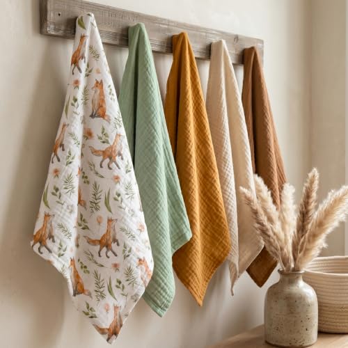 Image of Muslin Receiving Blankets, Neutral Blanket Swaddling for Newborn Boys and Girls, 5 Pack Breathable and Skin-Friendly Swaddle Wrap for Infant Baby (Forest Fox)