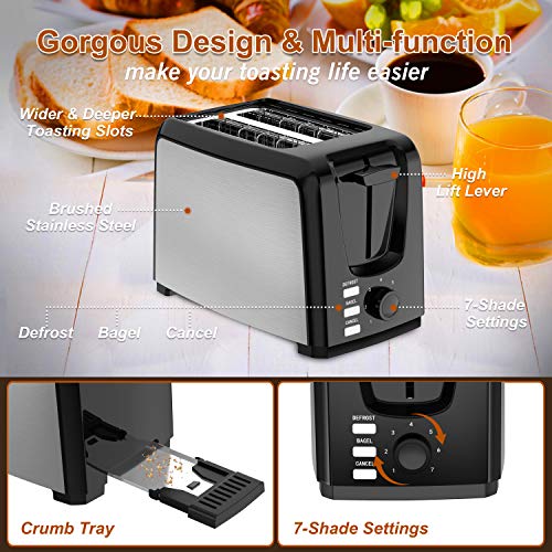 Toaster 2 Slice Wide Slot 2 Slice Toaster Best Rated with Bagel/Defrost/Cancel Function Cool Touch Black Toaster for Bread Bagel with Removable Crumb Tray - Thumbnail 2