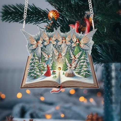 Image of DIY Large Christmas Diamond Art Hanging Kits for Adults, 24.1 x 20.4 cm | Magic Book with Elf and Snowy Forest Design, Crystal Diamond Painting Suncatchers, For Window, Door & Wall Ornaments